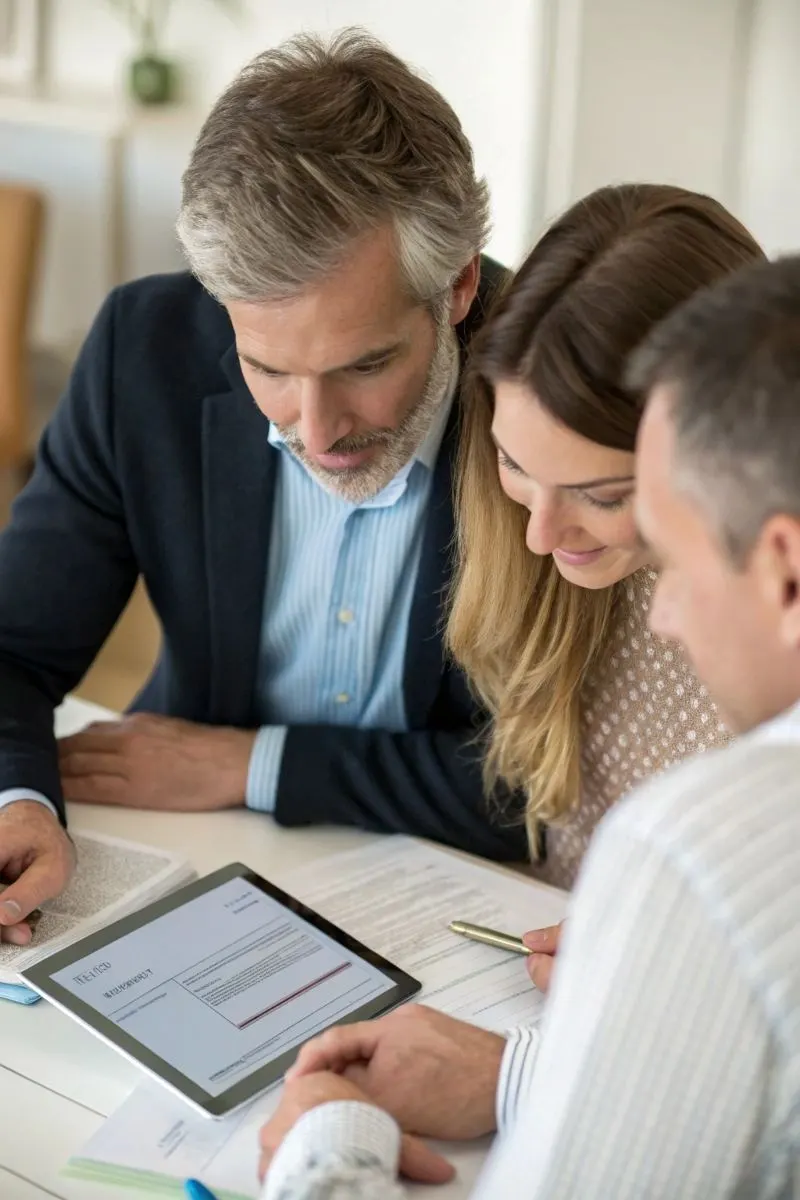 Conseiller présentant l’assurance crédit à un couple
