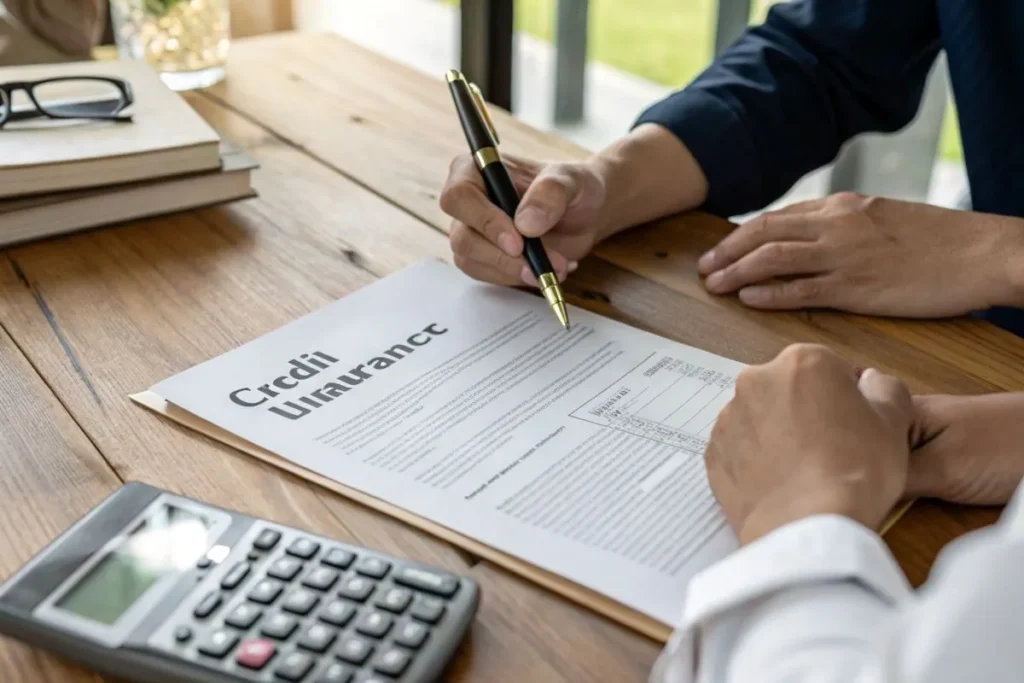 Contrat d’assurance crédit posé sur une table lors d’une souscription