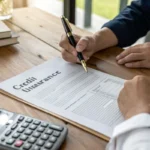 Contrat d’assurance crédit posé sur une table lors d’une souscription
